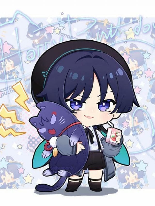 Ảnh chibi Wanderer ôm mèo nhỏ siêu dễ thương