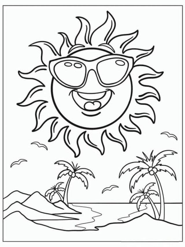 Hình ảnh tranh tô màu mặt trời trên bờ biển