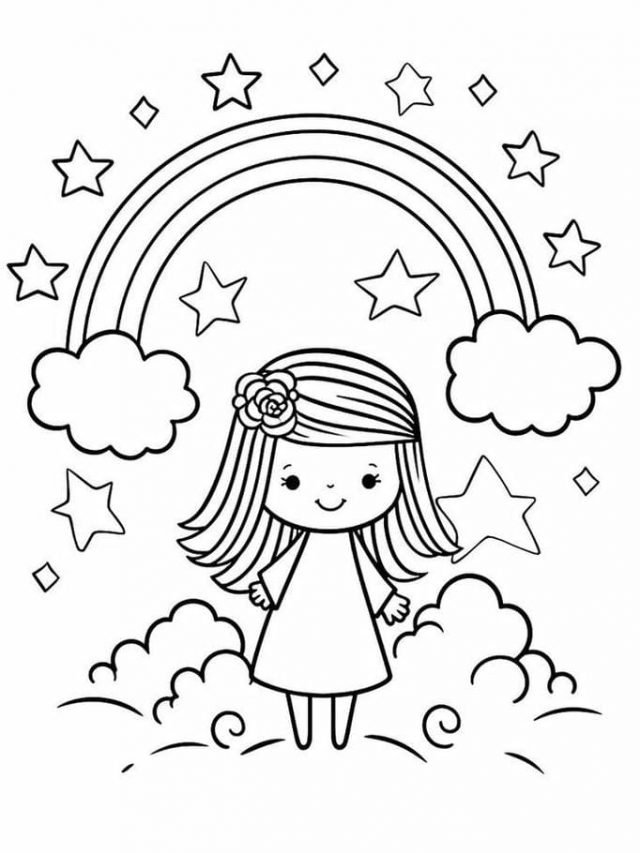 Tranh tô màu hình cầu vồng và bé gái siêu đáng yêu